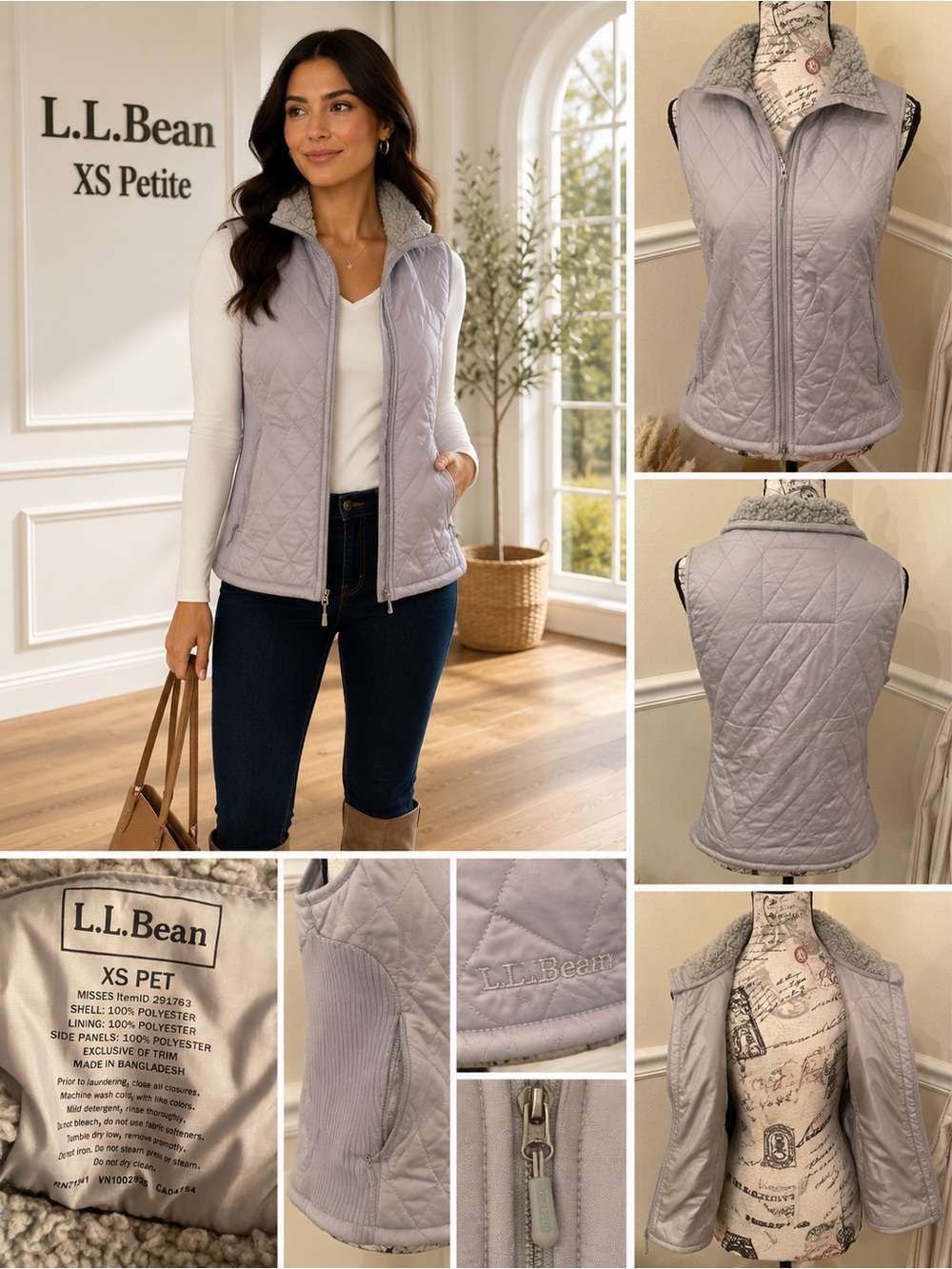 L.L. Bean Dove Gray Quilted Sherpa Collar Vest XS Petite Cozy Zip